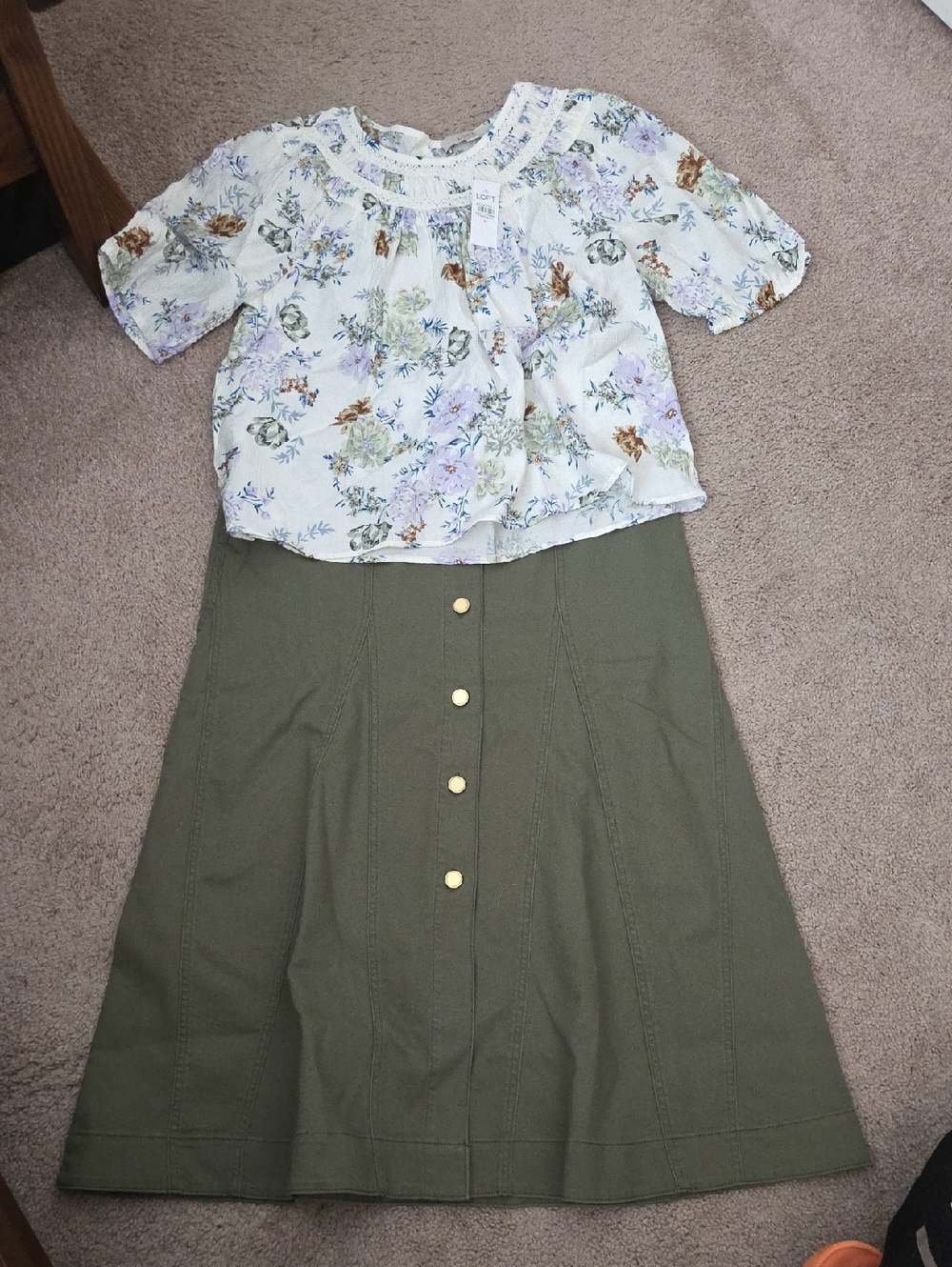Floral White Peasant Top with Olive Button Skirt Selling As A Set